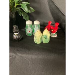 Vintage Salt & Pepper Shaker Lot Poodle Frosted Glass Leaf Red Birds Corn Set